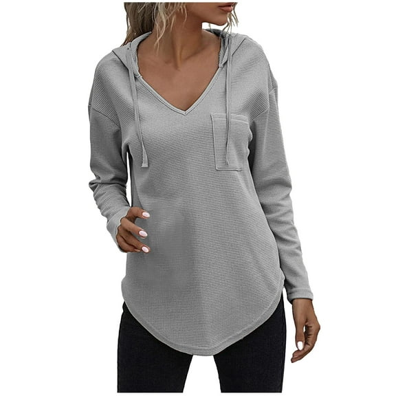 STETMN Women's Hoodie Waffle Knit Tops V Neck Curved Hem Shirt Loose Workout Running Pullover Shirts