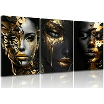 Abstract Black Woman Face Canvas Wall Art Black Gold African American Black Girl Painting Picture Wall Decor Fashion Black Female Poster Print Artwork for Living Room Bedroom Unframed