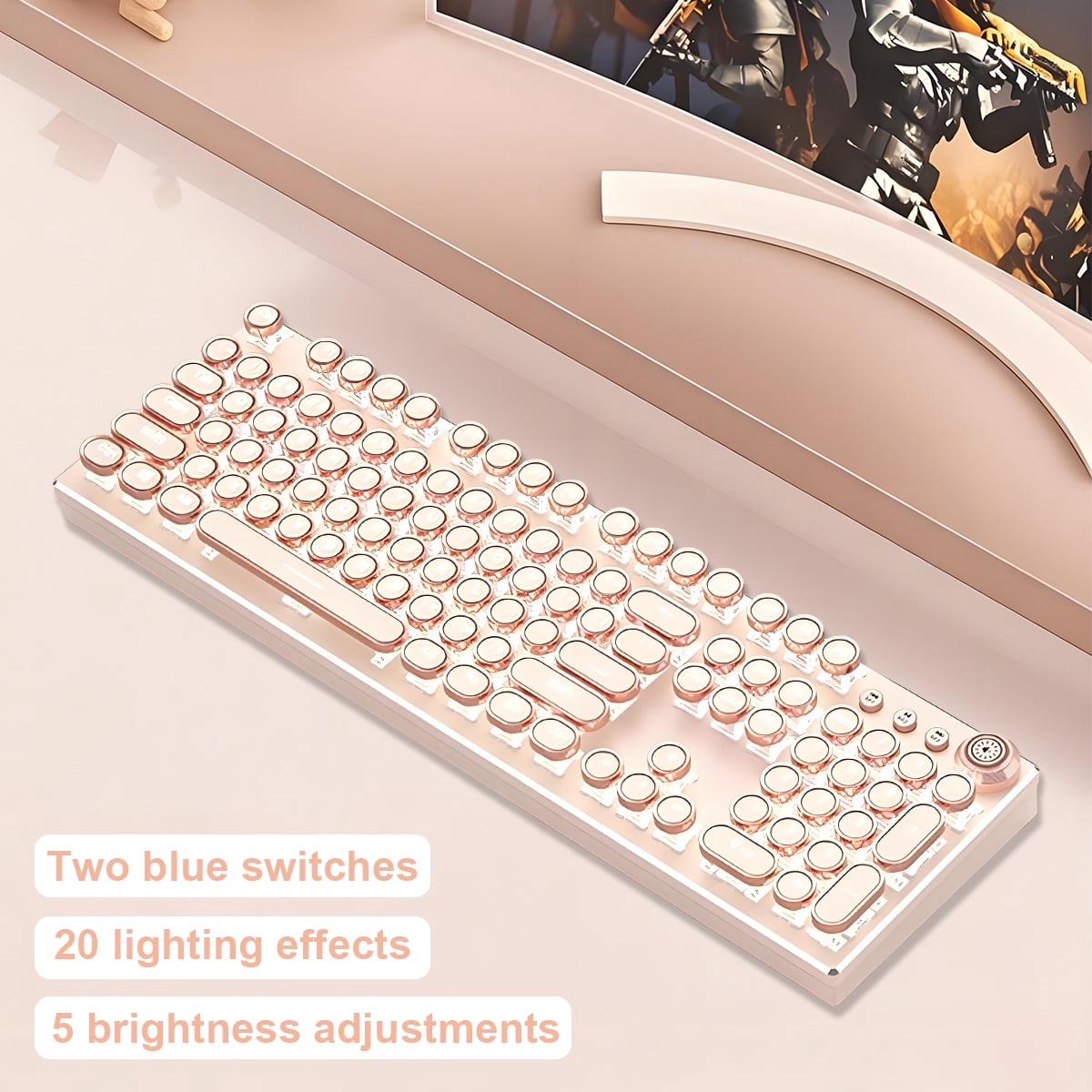 Hnjugfe Typewriter-Style Mechanical Gaming Keyboard with Backlit Keys, Beige, New, 1 Count