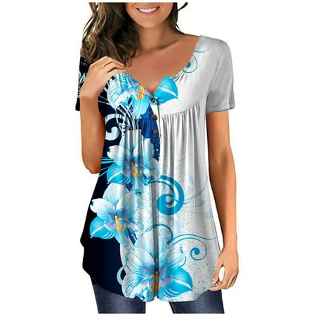 

Shirts for Women Womens Tops Dressy Casual Women s Shirt Tees Short Sleeve V-Neck T Shirt Print T-shirt Tops Blouse Gift for Women Off The Shoulder Tops for Women Tube Tops for Women Blue 2XL