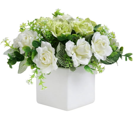 MyGift Decorative Square White Ceramic Vase with Artificial Ivory Rose