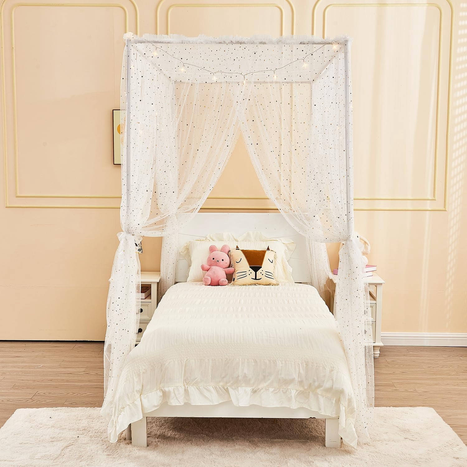 White Shiny Bed Canopy with Lights for Girls Kids, 4 Corner Post Moon Stars Sequin Princess Canopy Bed Curtains for Bedroom Decor (Twin, White)