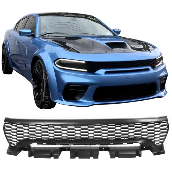 Ikon Motorsports Front Bumper Grille Compatible with 2020-2023 Dodge Charger Widebody OE Style Unpainted Black Replacement Front Bumper Upper Grill Assembly 1PC