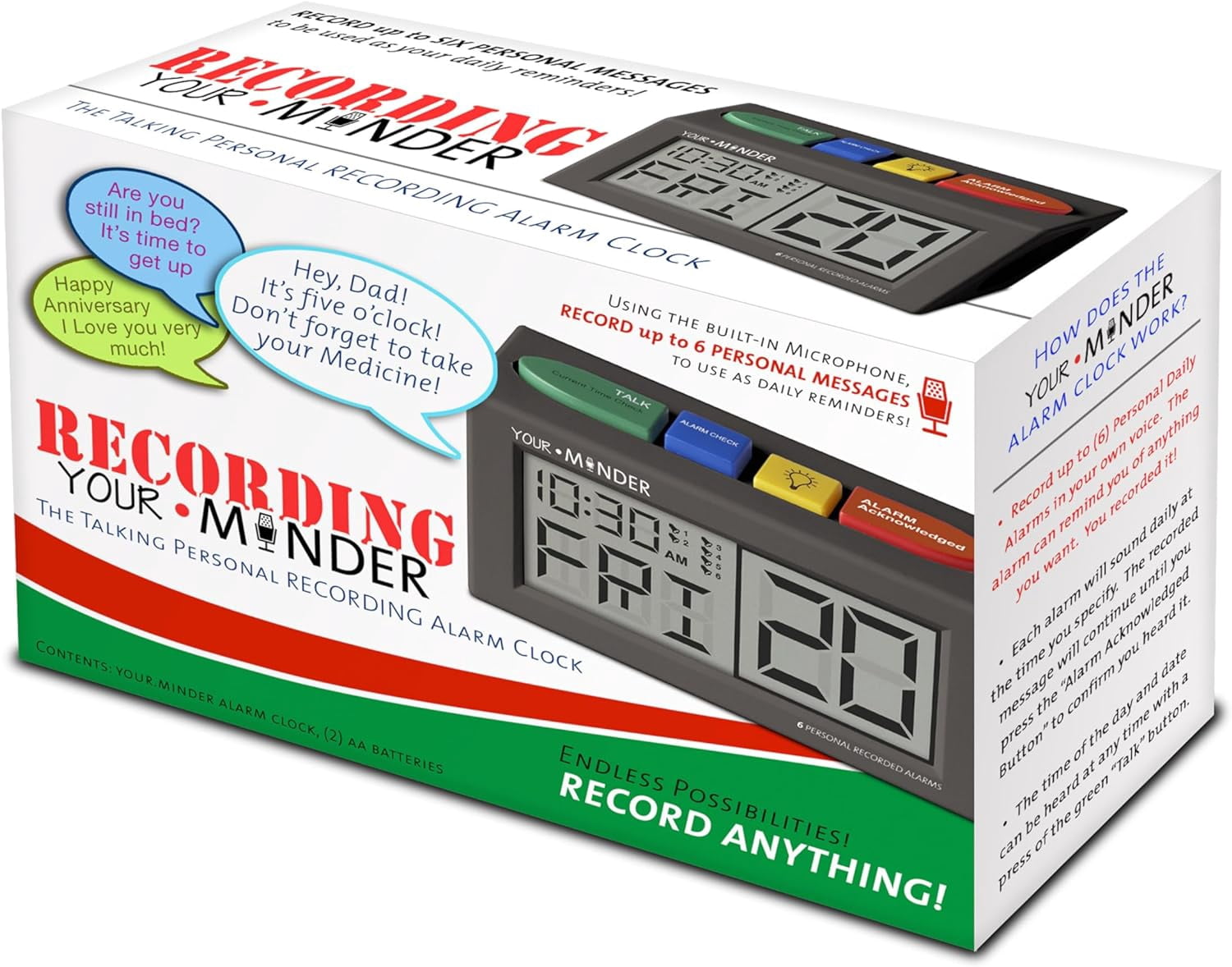 FSA/HSA MEDCENTER Your Minder Voice Record & Alarm Clock – Loud, Easy-to-Set Custom Voice Recording for Medication Alerts, Multicolor, 0.30 Pound