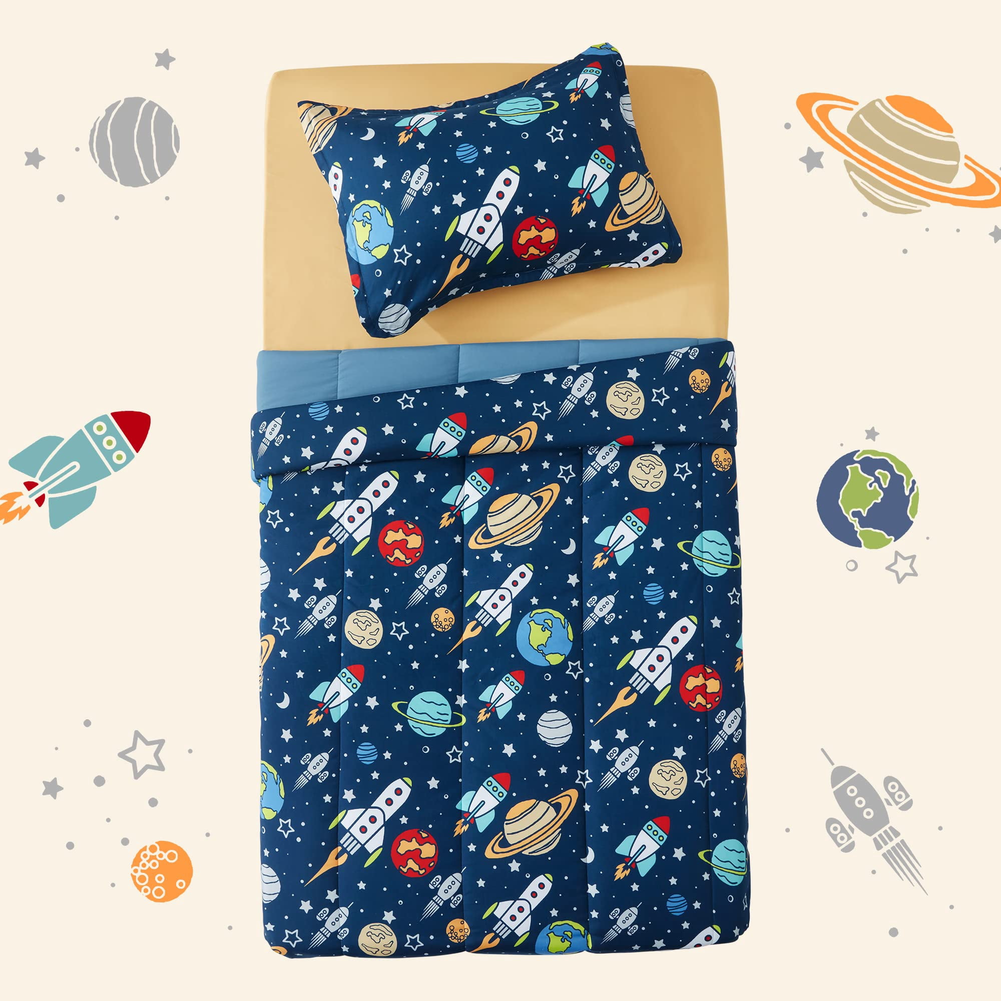 Sleep Zone Kids Bedding Comforter Set Twin/Twin Xl Size - Super Soft & Cute Printed 2-Piece Comforter Set All Seasons for Boys, Girls, Fade Resistant, Machine Washable, Rocket Galaxy