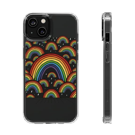 DistinctInk Hybrid (Acrylic / TPU) Clear Slim Fit Case for Apple iPhone 13 (6.1" Screen) - "Vibrant Hand-drawn Cartoon Rainbows on Black"