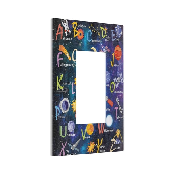 ABC Outer Space 1 Gang Rocker Light Switch Plate Alfabeto Galaxy Educativo Single Decora Outlet Placa de pared Placa frontal decorativa Switchplate GFCI para Kidroom Nursery Sala de estar Boyroom Deco