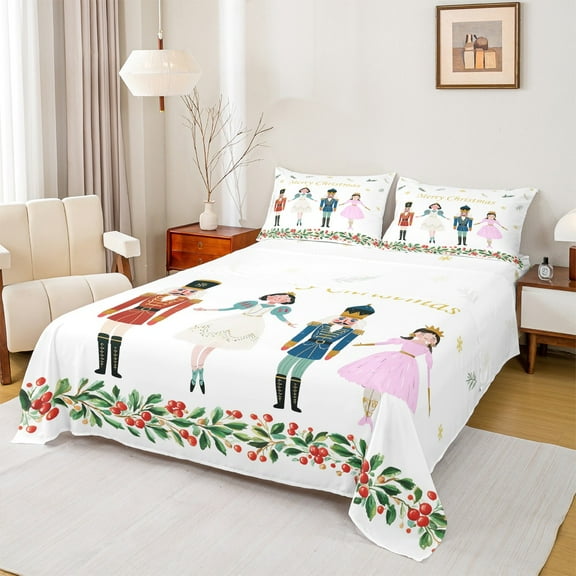jejeloiu Marry Christmas Twin Sheet Sets,Red Nutcracker Twin Fitted Sheet,Chic Princess Prince Flat Sheet For Girls Boys,Ultra Soft Home Decor,3pcs
