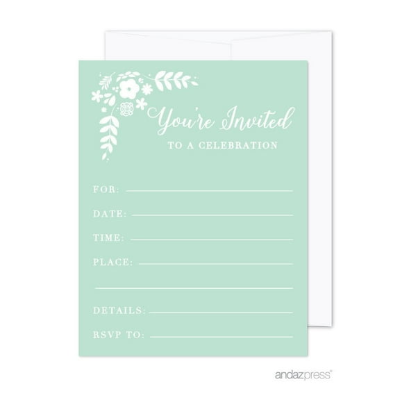 Floral Mint Green Wedding Blank Party Invitations with Envelopes, 20-Pack