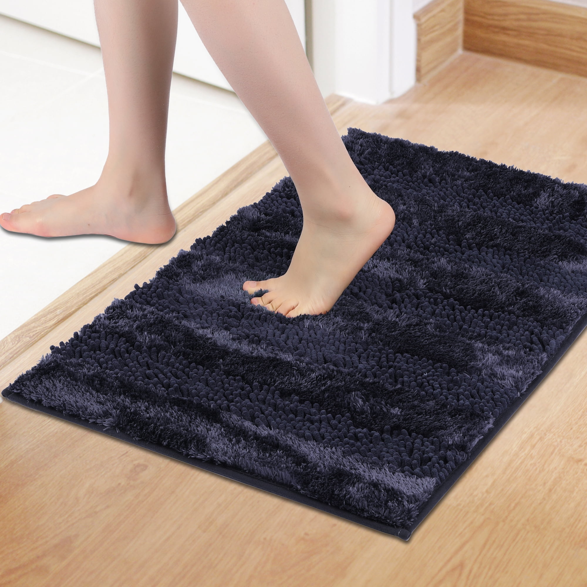 Unique Bargains Striped Bathroom Mat Soft Fluffy Chenille Baths Rugs Dark Blue 20" x 32"
