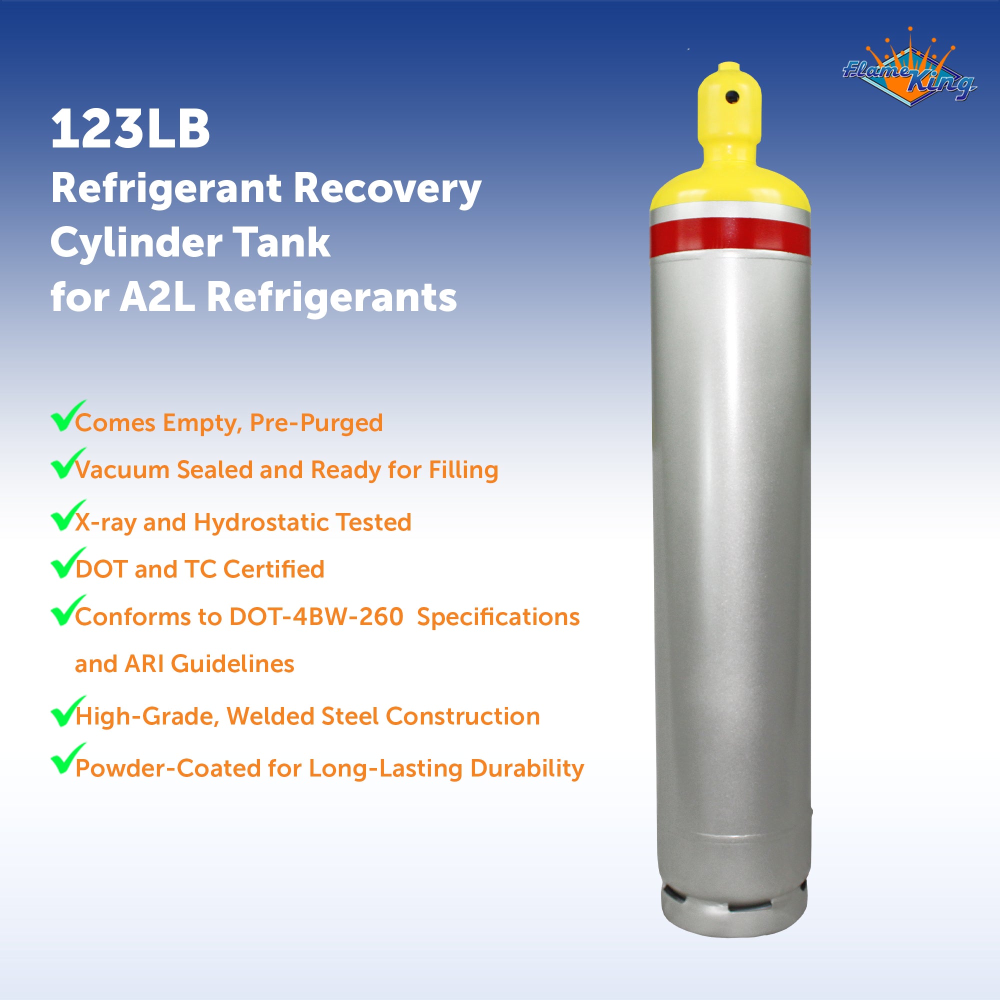 Flame King 123-Pound Refrigerant Recovery Cylinder Tank for A2l Refrigerants - Size 123lb