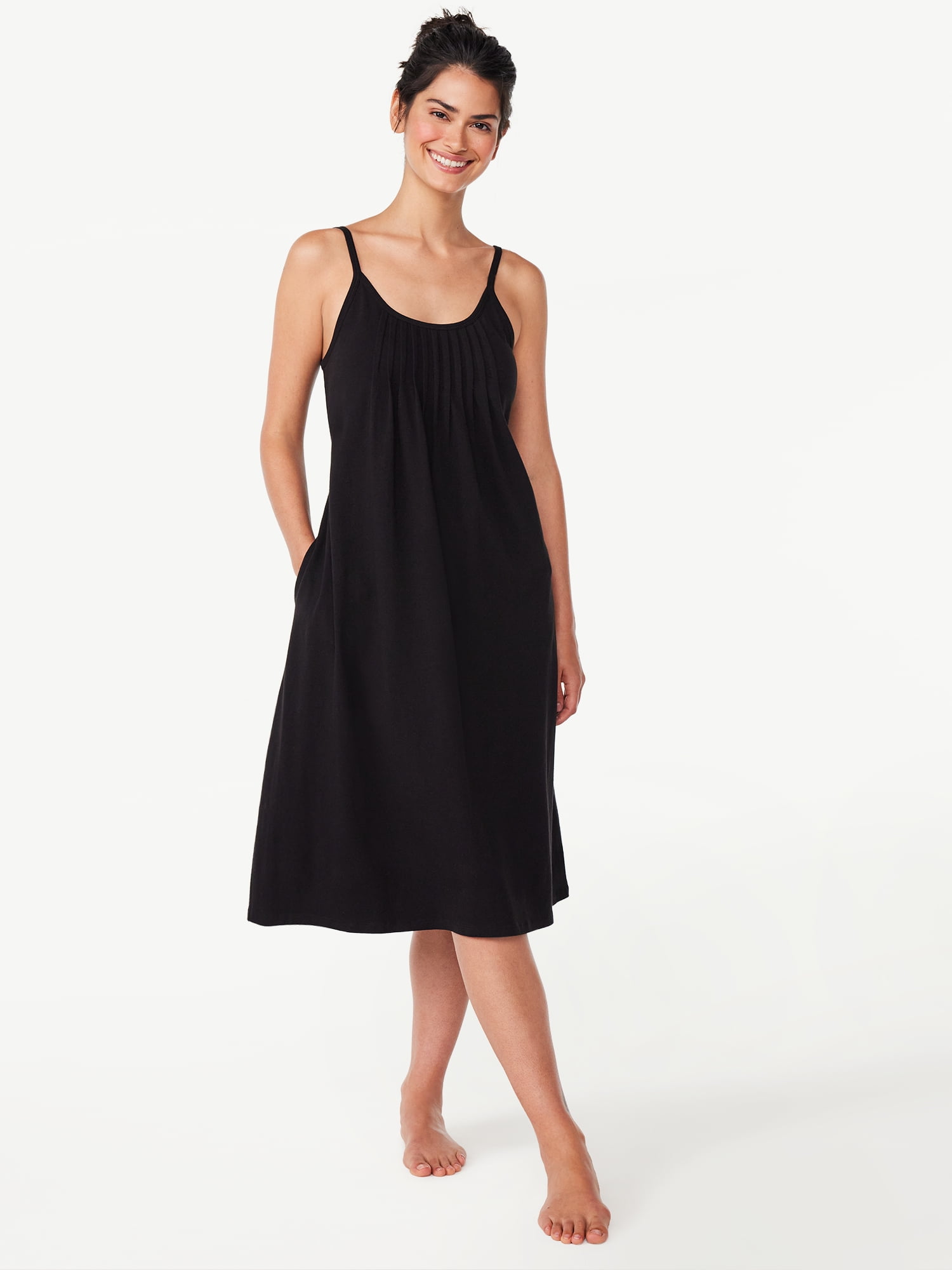 Joyspun Women’s Cotton Blend Pleated Neck Sleeveless Midi Nightgown, Sizes S to 5X