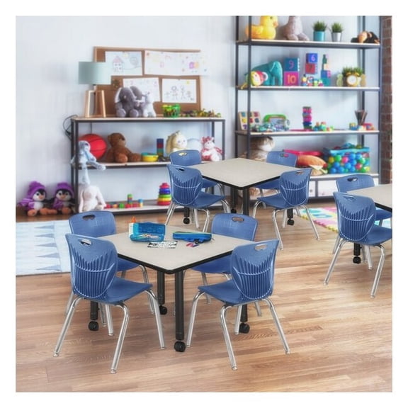 Tables > Height Adjustable > Square Mobile Table & Chair Sets, 36 W, 36 L, 23-34 H, Maple