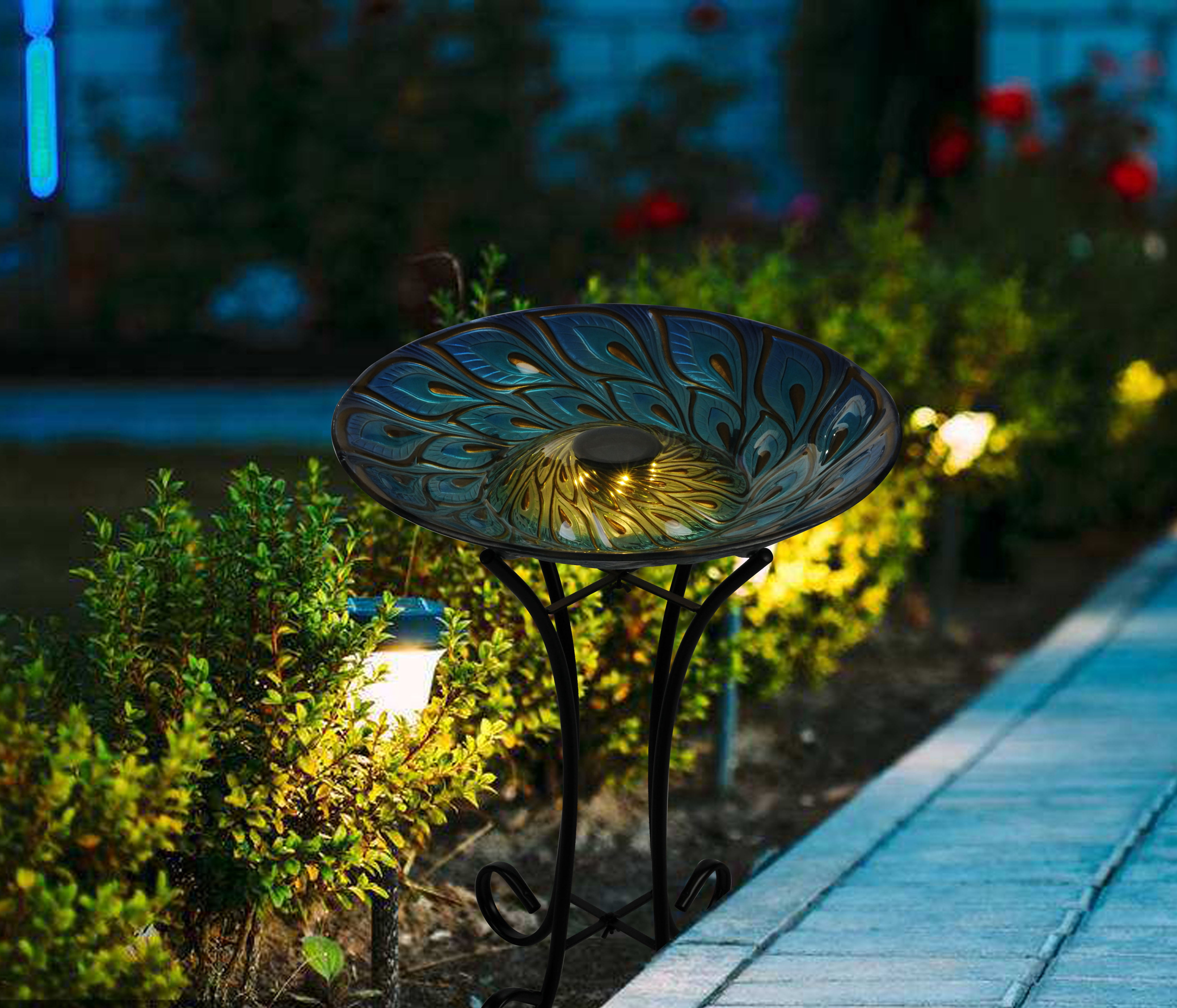 Hi-Line Gift 78415-E Solar Glass Peacock Feathers Bird Bath with Stand
