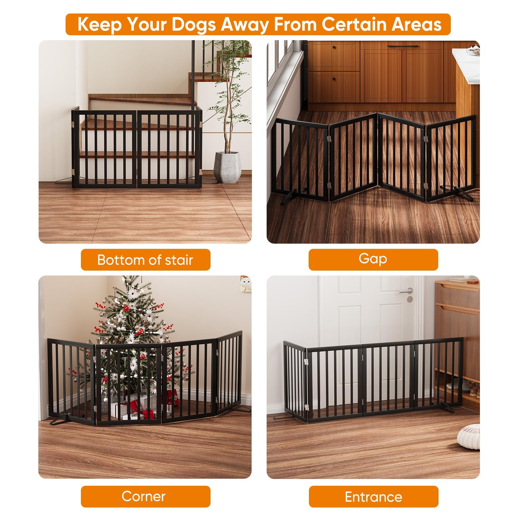 Smart FENDEE Bamboo Dog Gate Freestanding Pet Gate with 2 Support Feet for Doorways,Black,24"H,4 Panel