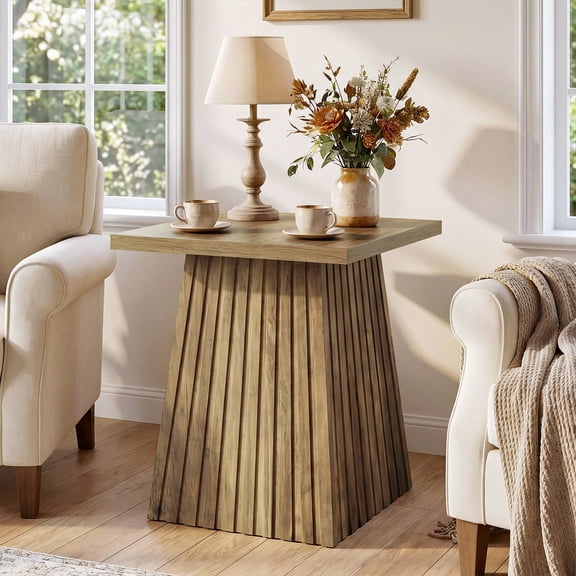 Finmind Square Side Table, Modern Rustic End Table with Fluted Base, 19.69-Inch Small Night Stand for Living Room, Small Space, Brown
