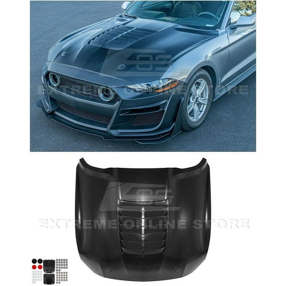 Replacement For 2018-2023 Ford Mustang Models | GT500 Style Aluminum - Primed Black Replacement Front Air Vented Scoop Hood Cover