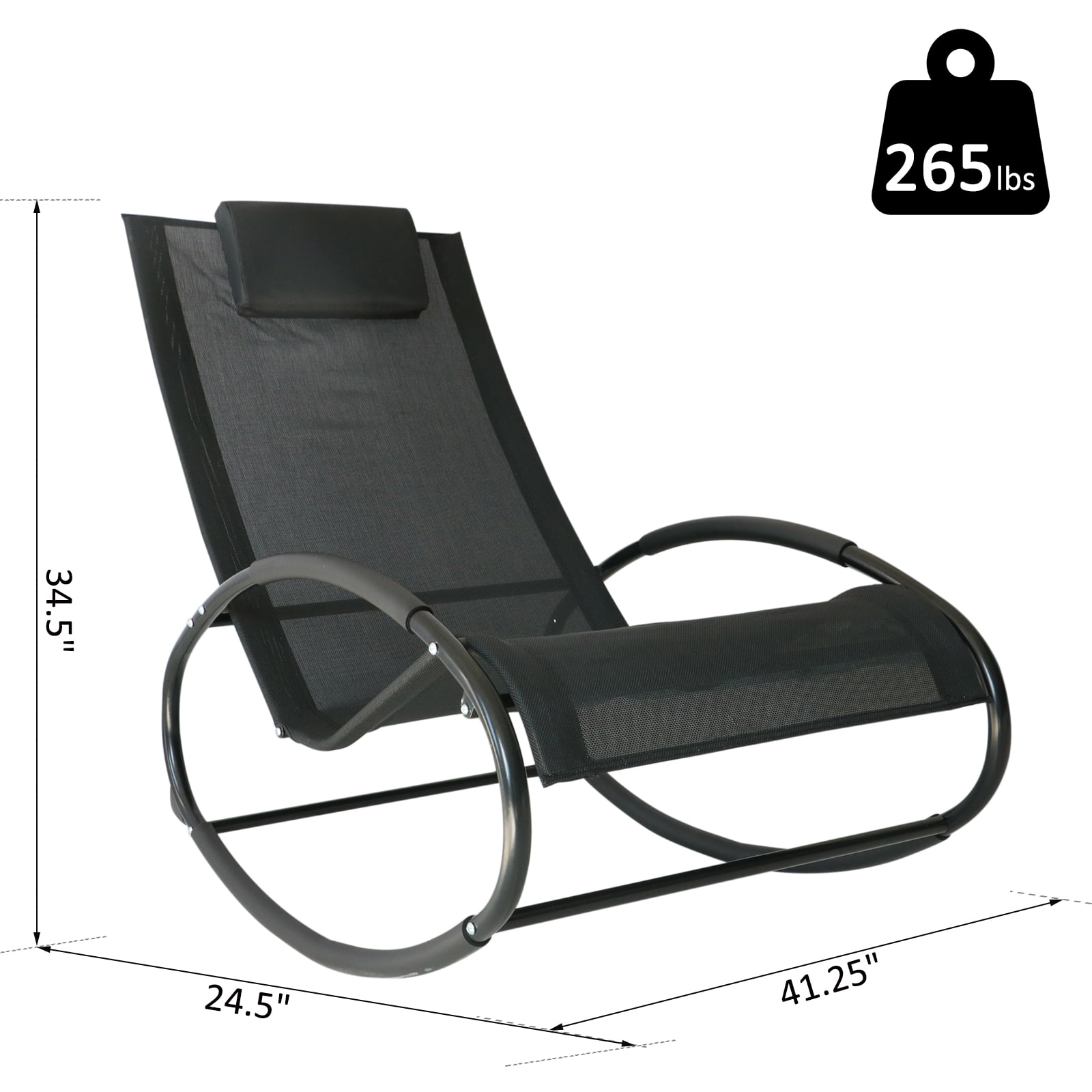 Patio Rocking Lounge Chair Orbital Zero Gravity Chaise w/ Pillow Black