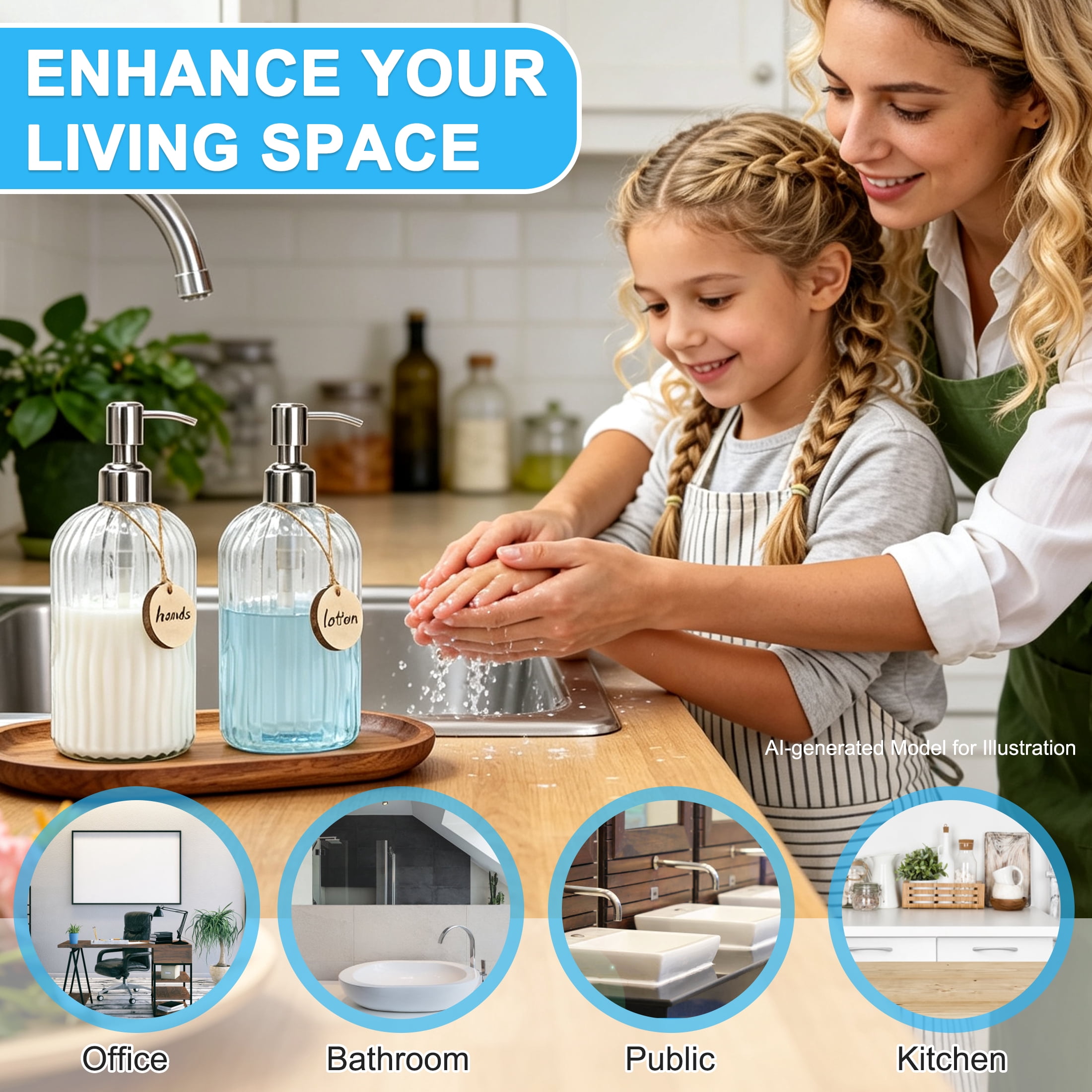 HOQBN 2 Pack Glass Soap Dispenser, Refillable Hand Soap & Dish Soap Dispenser with Stainless Steel Pump & Wooden Tag for Bathroom Kitchen