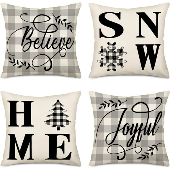 Merry Christmas Snow Home Pillow Cover Grey White Buffalo Plaid Believe Joyful Xmas Tree Snowflake Winter Christmas Farmhouse Decorative Throw Pillow Covers 18x18 Inch Set of 4 Cushion Case