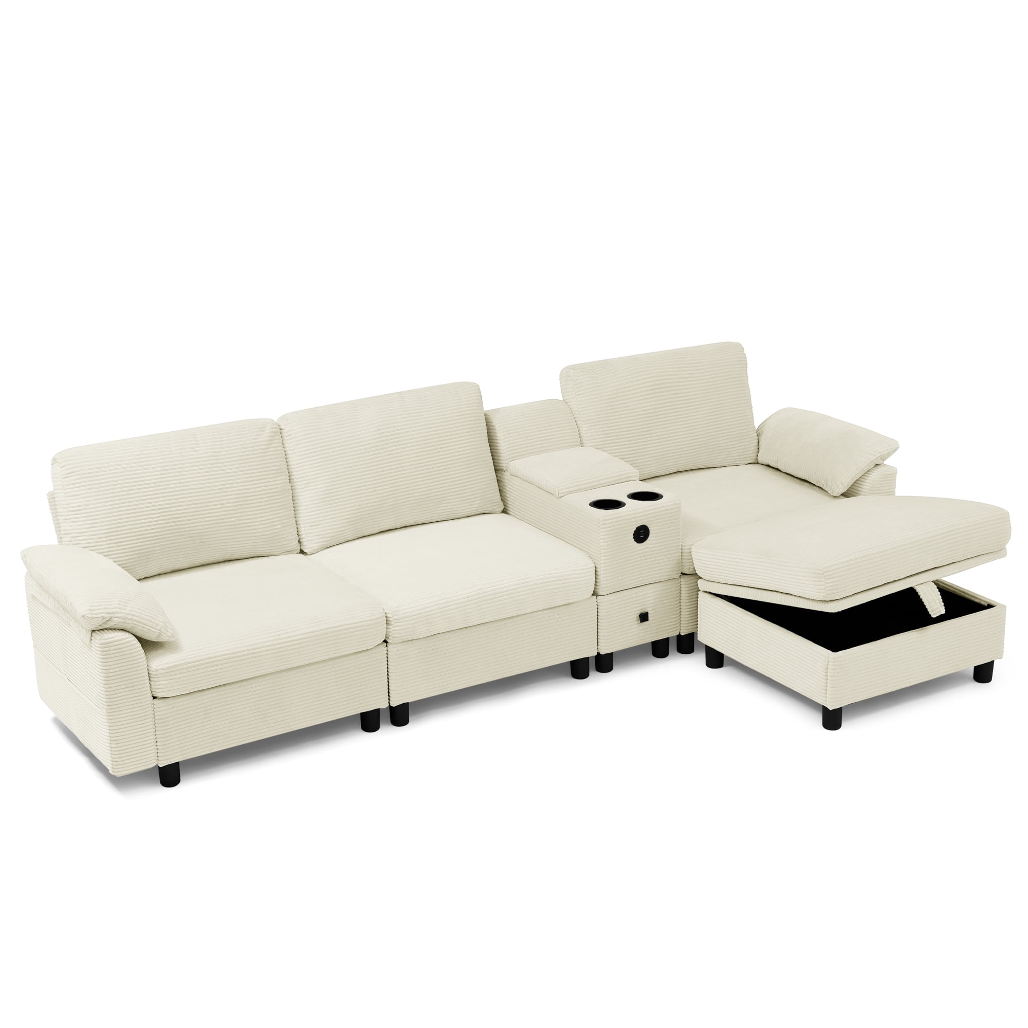 L-Shaped Sectional Sofa with Storage Ottoman and Side Storage Armrest Pockets, 3-Seater Sofa Couch with Beverage Cup Holder Central Console for Living Room Apartment