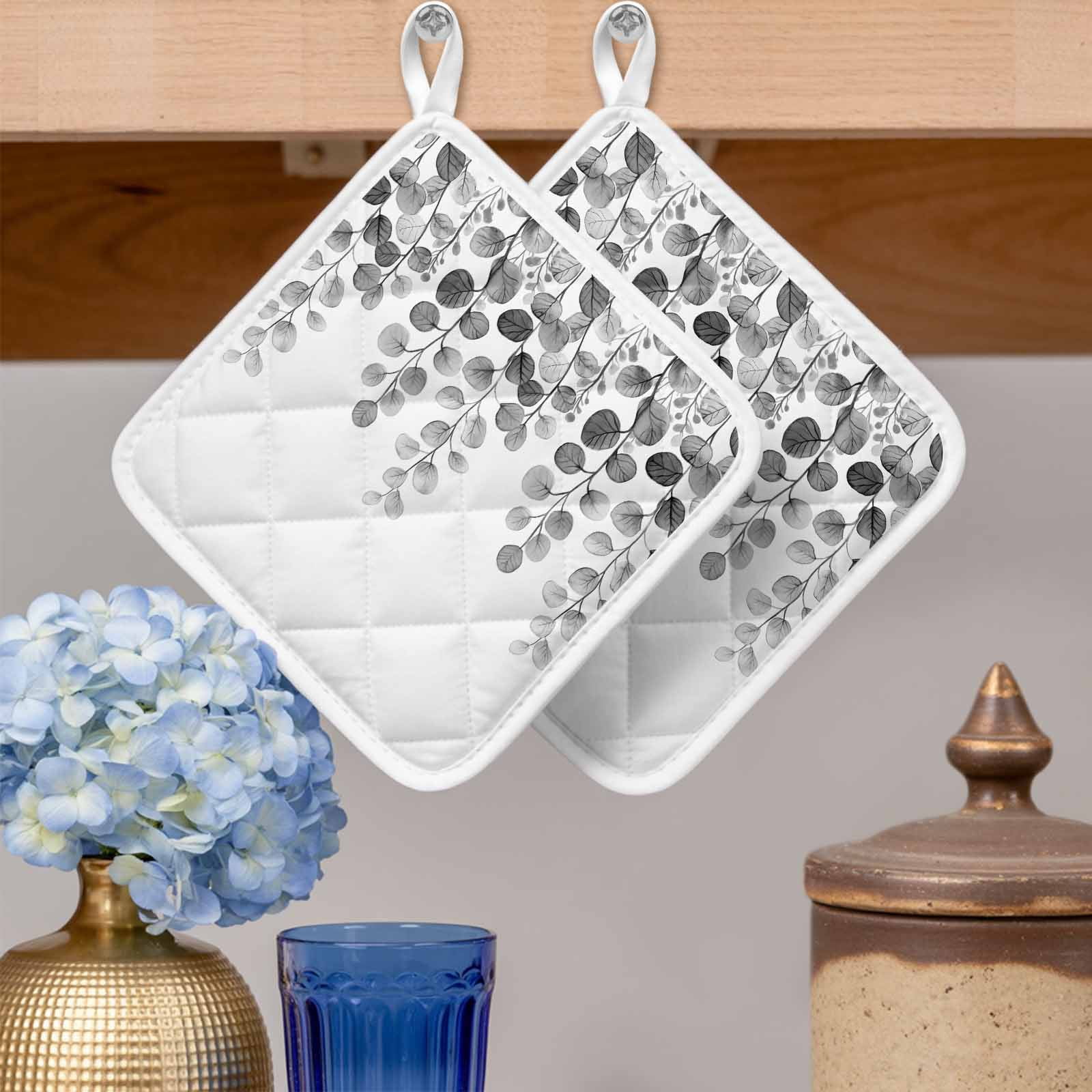 Gray Eucalyptus Leaves Pot Holders for Kitchen Heatproof Potholder, 5 Pack Watercolor Floral Leaf Plants Hot Pads Multipurpose Oven Pads Cloth Potholders Trivet for Cooking Baking