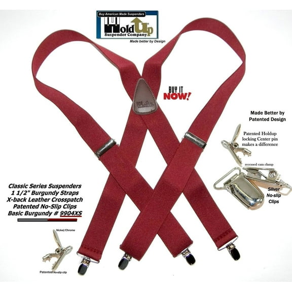 Classic Burgundy X-back Holdup Suspenders with Silver-tone USA patented No-slip Clips