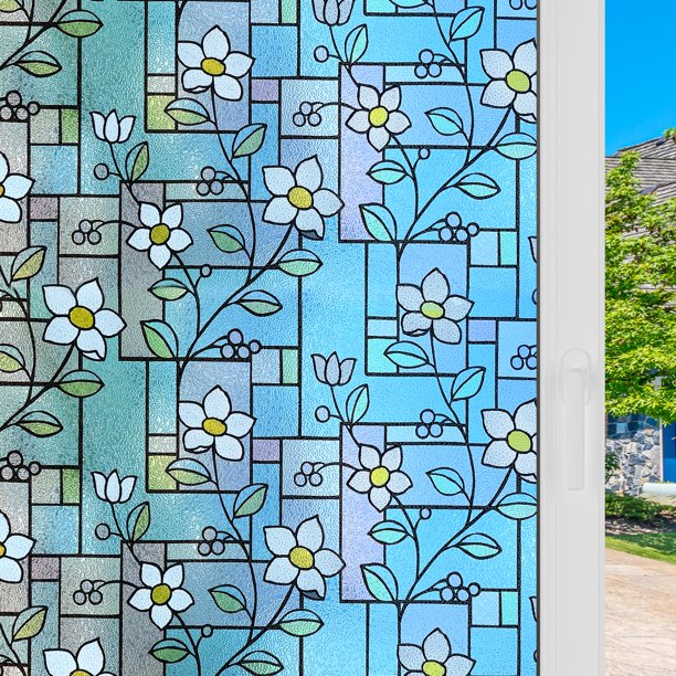 HIDBEA 17.5 in x 78.7 in Magnolia Flower Stained Glass Decorative Privacy Window Film