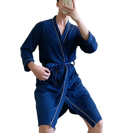 

Sunnymall Men Nightgown Solid Color Long Sleeve V Neck Homewear Bathrobe Spring Autumn Pure Color Pockets Robe for Home