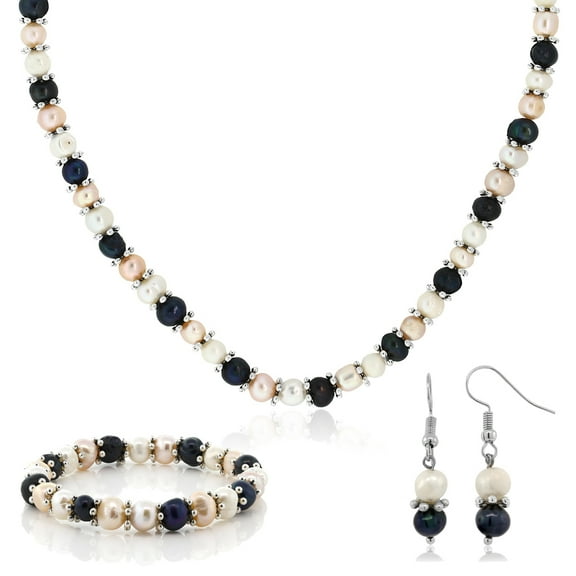 Gem Stone King Multi-Color Cultured Freshwater Pearl Necklace Earrings Bracelet Jewelry Set 7-8MM 18 inches