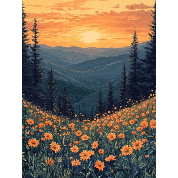Sunset Mountain Meadow Flower Canvas Wall Art Suitable for Living Room Officeand Hallway Decoration.