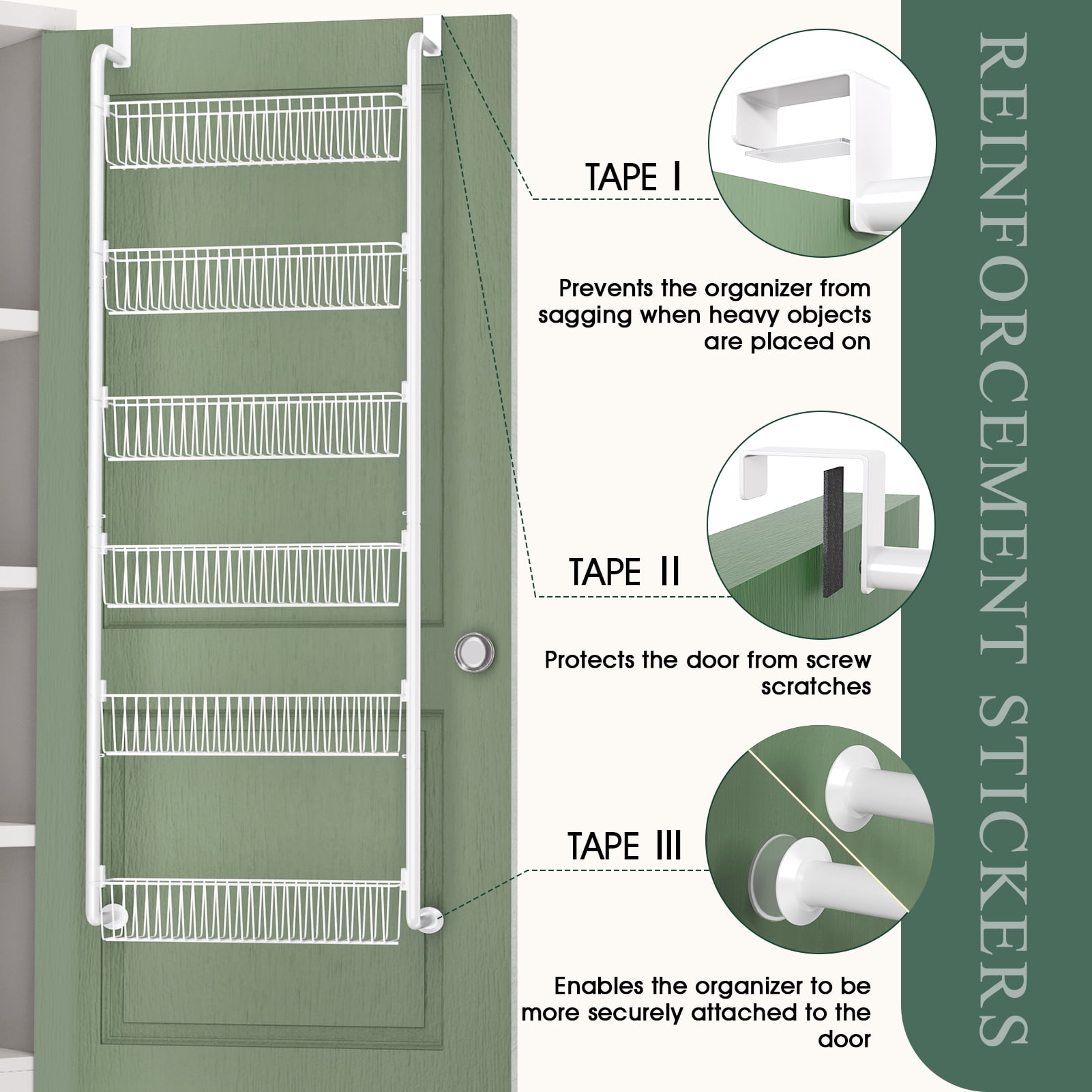 Yeabett 6-Tier Over the Door Pantry Organizer, Larger Baskets Metal Pantry Organization and Storage, Door Back Hanging Space Saver for Kitchen, Laundry, Bathroom, White