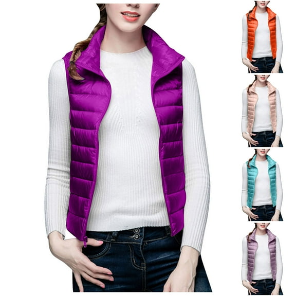 Hvyesh Women Quilted Puffer Vest,Women Winter Padded Gilet Lightweight Stand Collar Puffer Jackets Slim Fit Solid Puffer Coat with Pockets Orange Vest