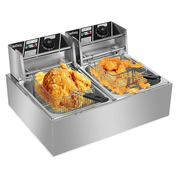 5000W Fast-Heating Deep Fryer With Basket | 25.4QT Double Electric Fryer, Adjustable Temp 140-392°F, Countertop Oil Fryer for Restaurant & Home Use, Stainless Steel