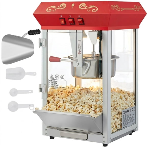 8 oz Movie Theater Style Popcorn Maker Machine, 850W Countertop Popcorn Popper Makes 48 Cups, Red