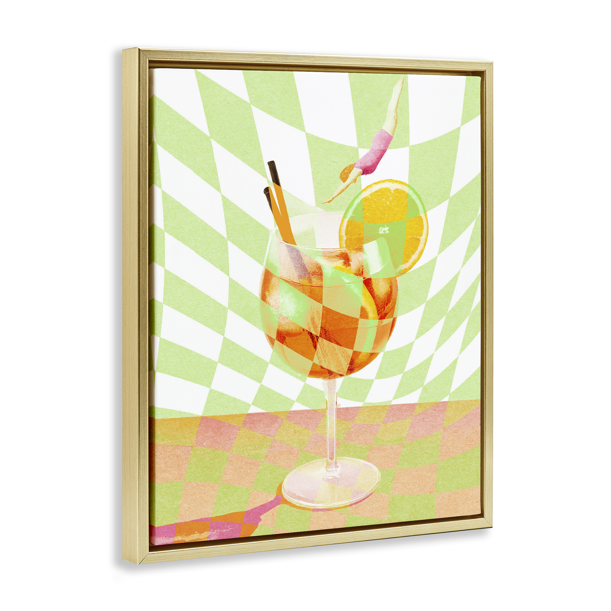 Retro Swimmer Summer Cocktail Gold Framed Floater Canvas Wall Art, design by Lil' Rue