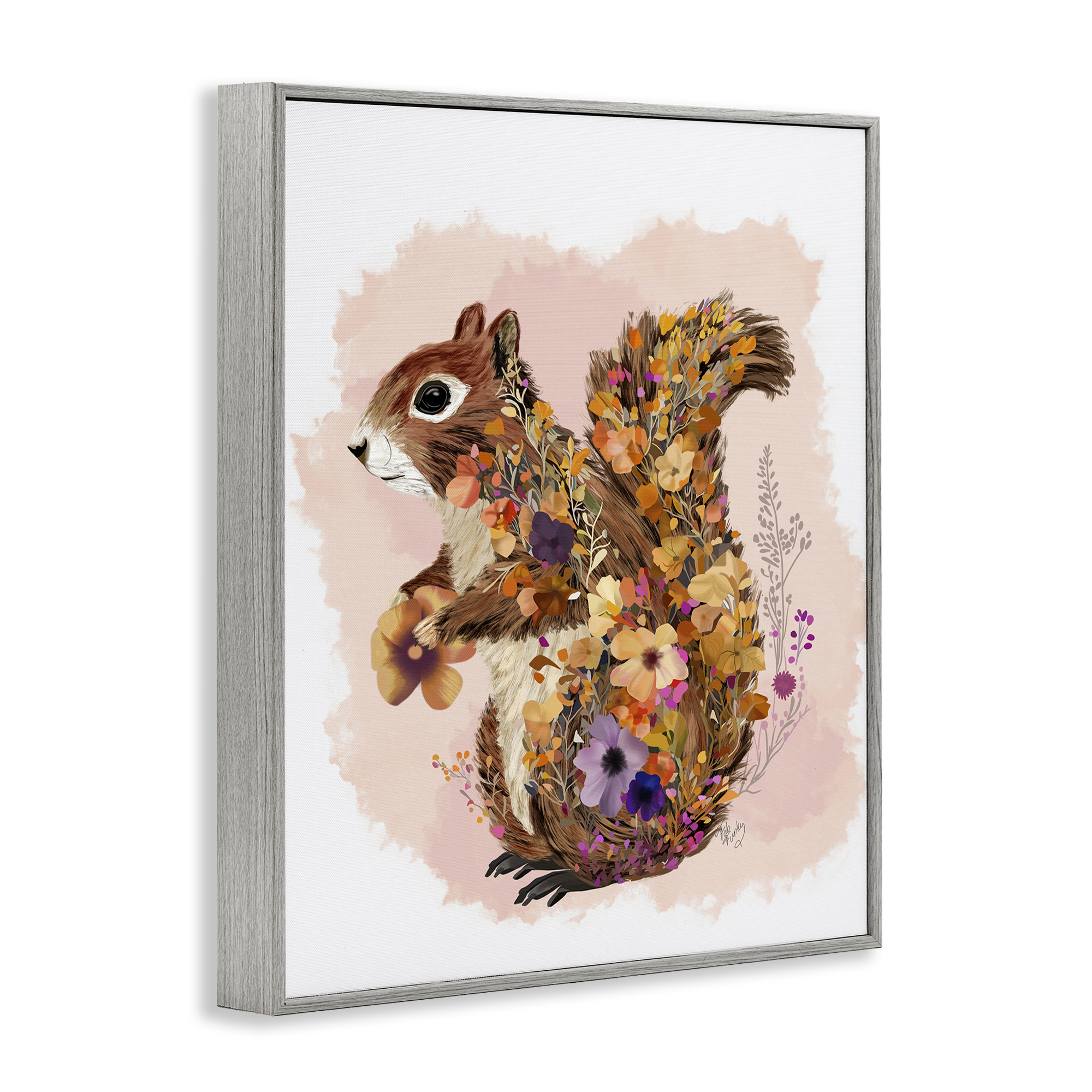 Stupell Industries Wildflower Patterned Squirrel Animals & Insects Painting Gray Framed Art Print Wall Art, 16 x 20
