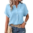 thumbnail image 6 of TODOZO Short Sleeve Cotton Collared V Neck Tops Shirts Button Down Shirts for Women Womens Blouses Casual Tops Batwing Sleeve Pocket Patched Shirt Casual Work T Shirts Double Layer Wrinkled Fabric, 6 of 9