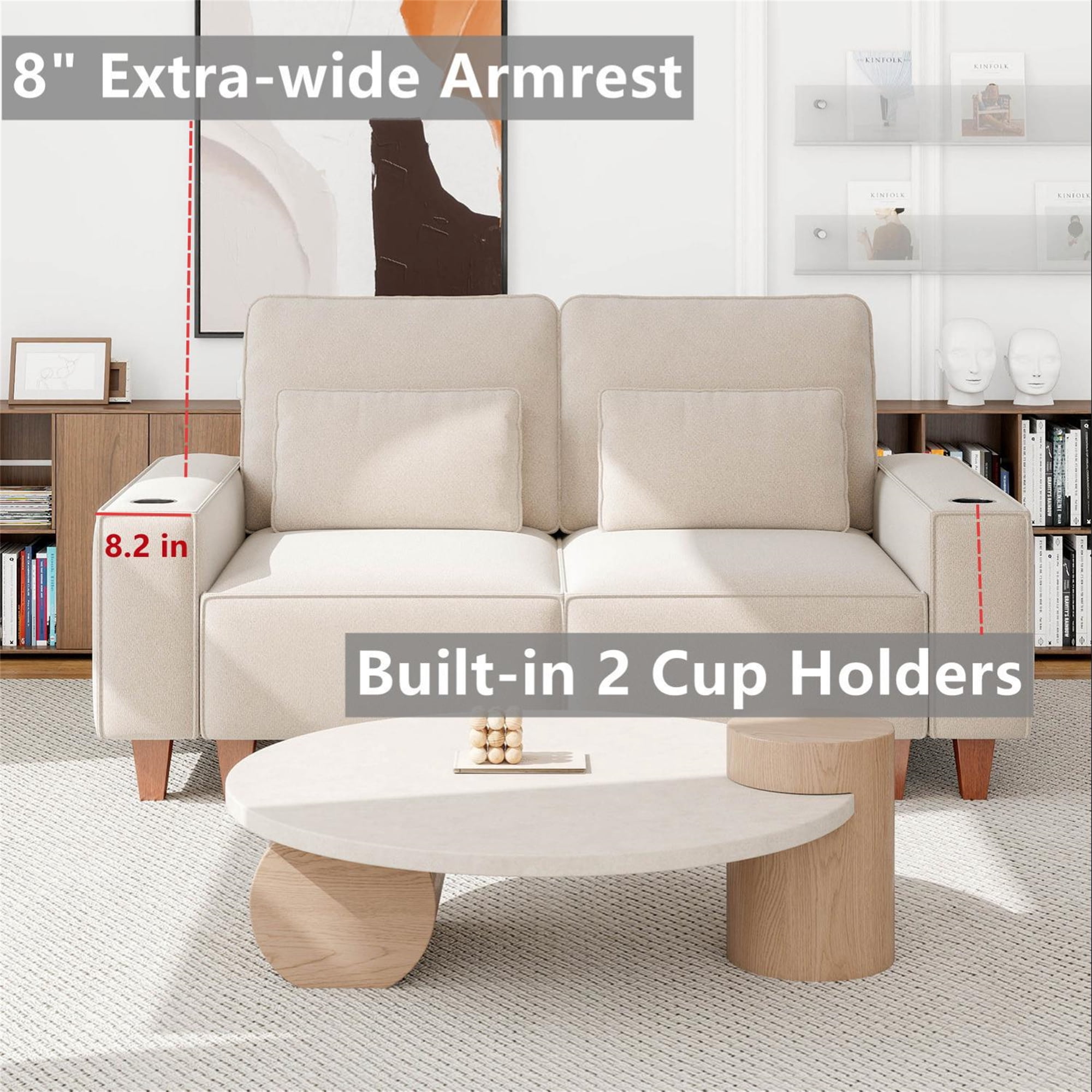 Aukfa 3 Piece Sofa Set - 71" Deep Seat Couch Loveseat Couch with Cup Holders&Pillows, Chenille, Beige
