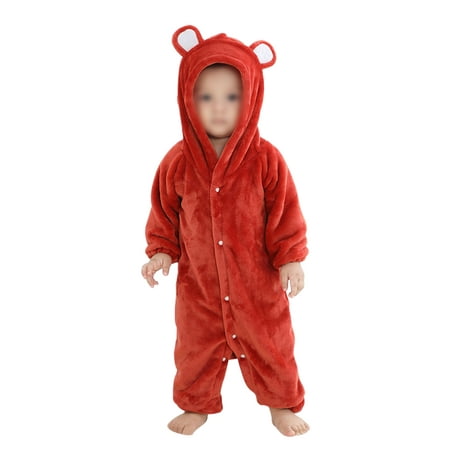 

Grianlook Infant Bear Cute Ears Solid Color Fleece Romper Animal Cosplay Long Sleeve Hooded Jumpsuit Home One Piece Onesies Red 90 CM