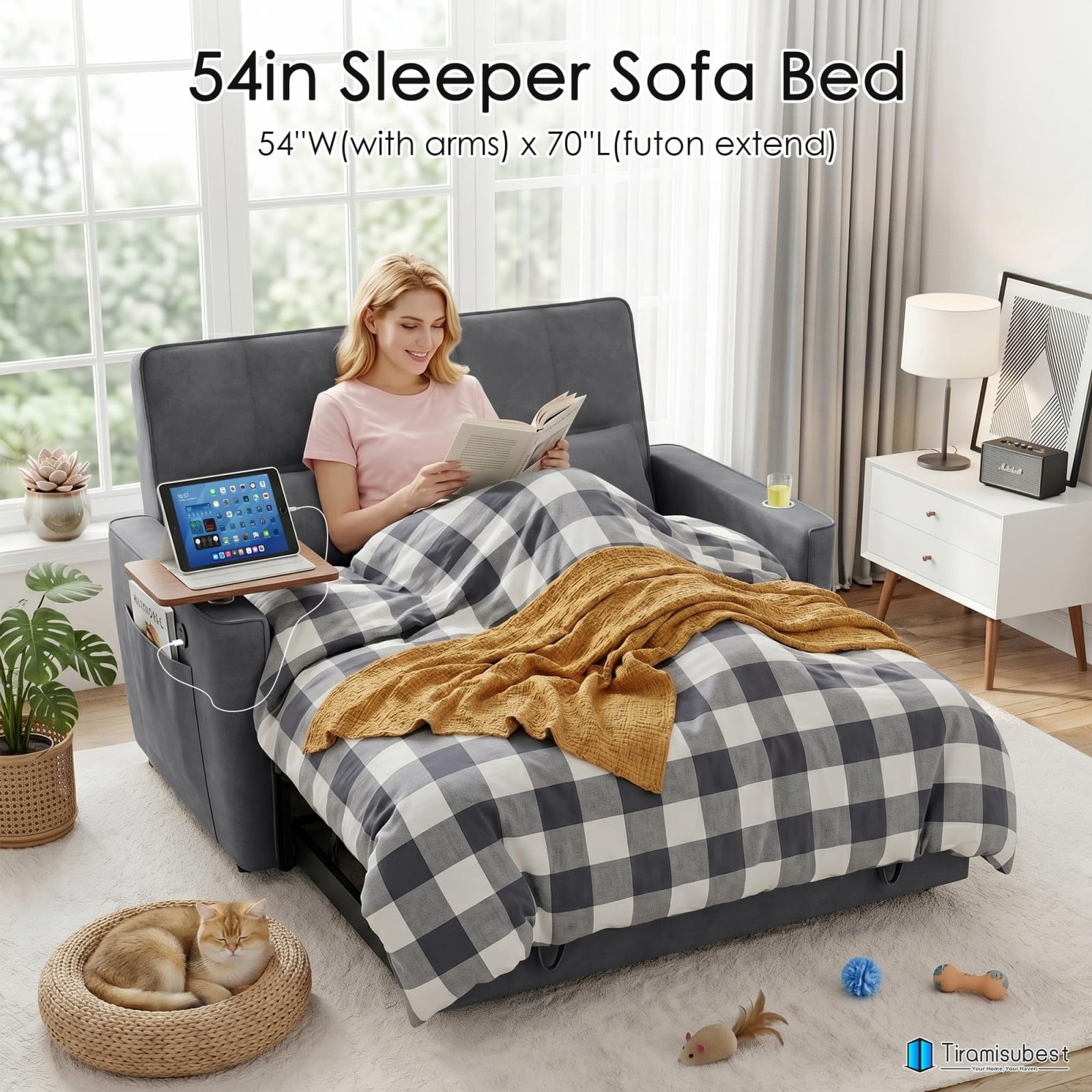 54" Sleeper Sofa Bed, Convertible Pull Out Couch Futon with Side Table, USB Ports, Cup Holder, Adjustable Backrest, Velvet Sofa Bed for Living Room Apartment, Dark Gray