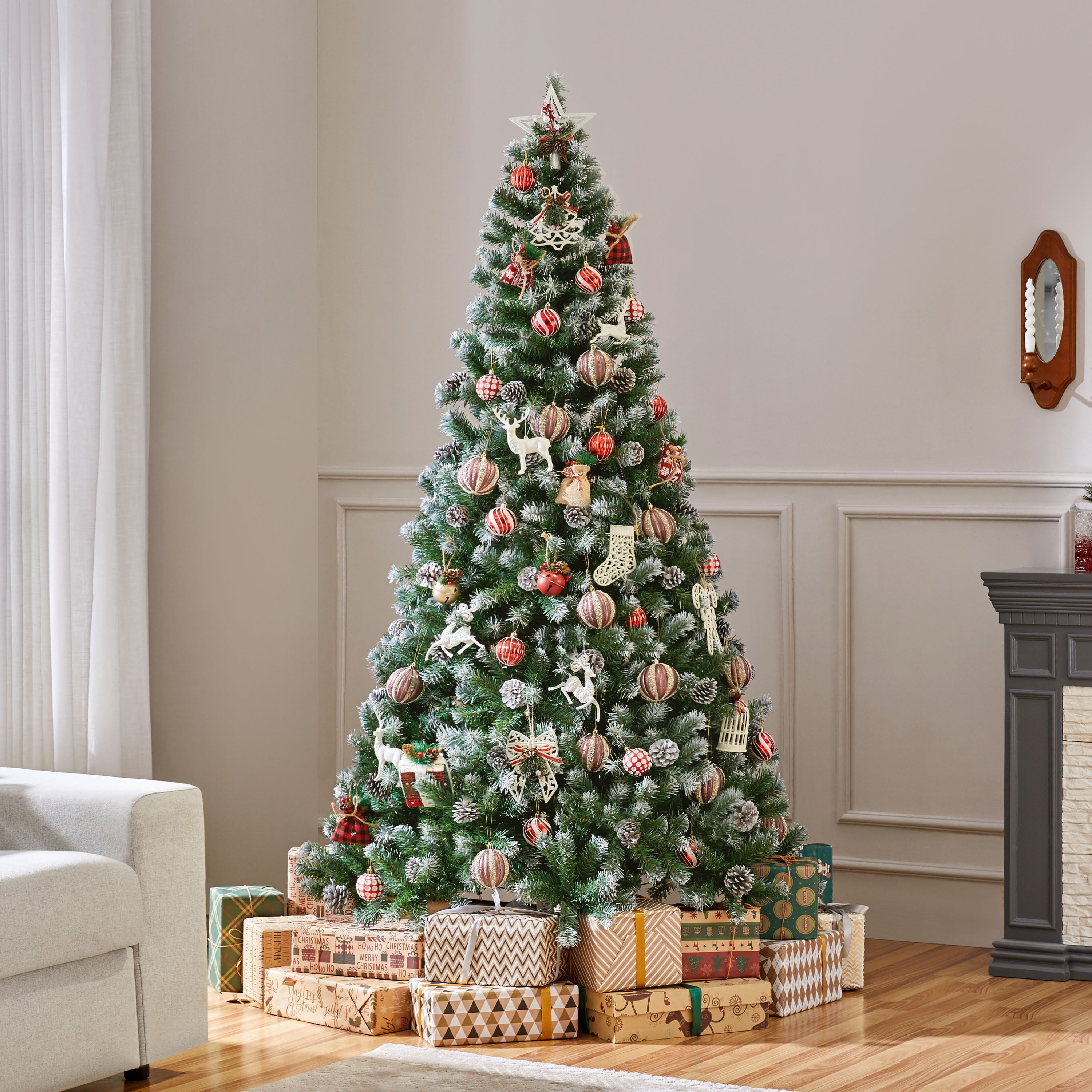 Alden Design 6FT Frosted Artificial Christmas Tree with Pinecones, Pre-Lit Warm White Lights and Stand Included, Green
