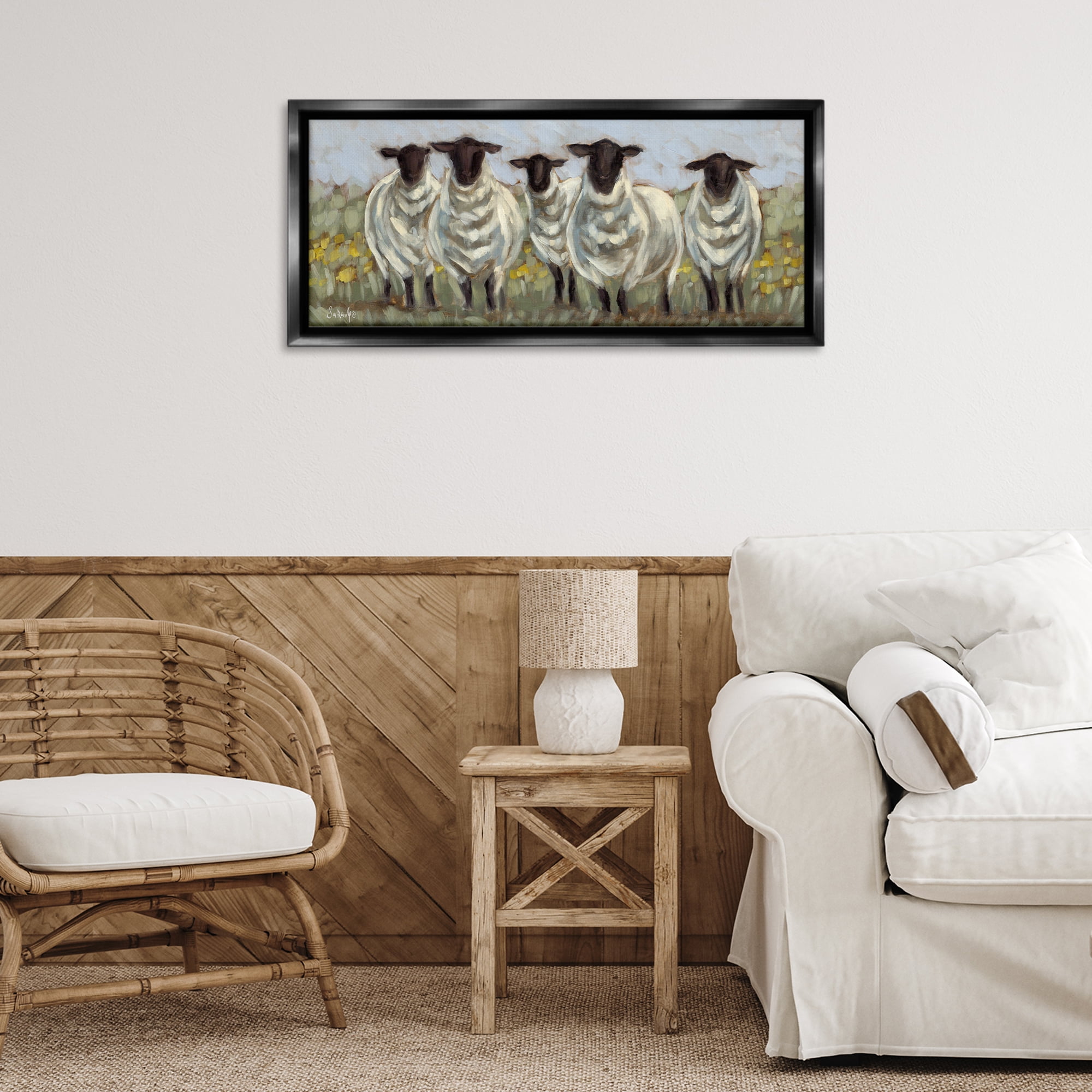 Stupell Industries Gazing Sheep Impression Animals Painting Black Floater Framed Canvas Art Print Wall Art, 31 x 14