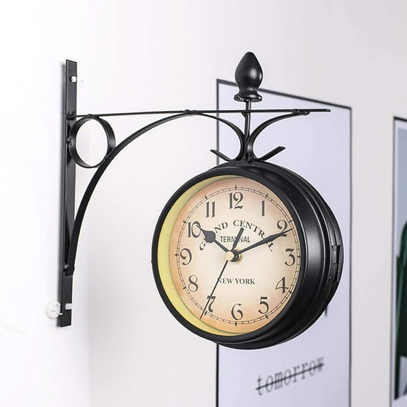 Two-Sided Station Clock Double-Sided Wall Clock Retro Grandfather Clock Paddington Station Wall Clock Vintage Antique-Look Bracket Hanging Decorative Clock For Garden Indoors, Clock 12.12 * 7.5 Cm