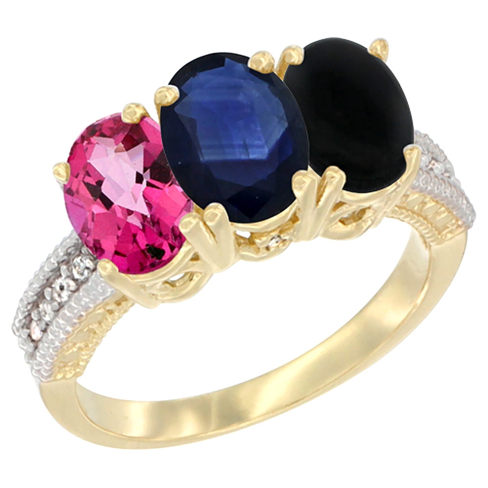 10K Yellow Gold Diamond Natural Pink Topaz, Blue Sapphire & Black Onyx Ring 3-Stone 7x5 mm Oval, sizes 5 10 by WorldJewels
