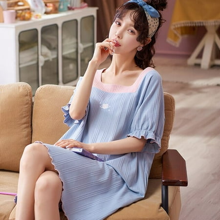 

PIKADINGNIS Summer Short Sleeve Cotton Nightgowns for Women Korean Fashion Short Loose NightDress Sleepwear Nightdress Homewear Dress