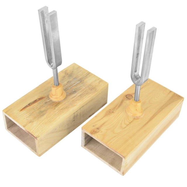 Instrumento experimental de vibración con diapasón de 440 Hz con caja resonadora de madera y golpeador