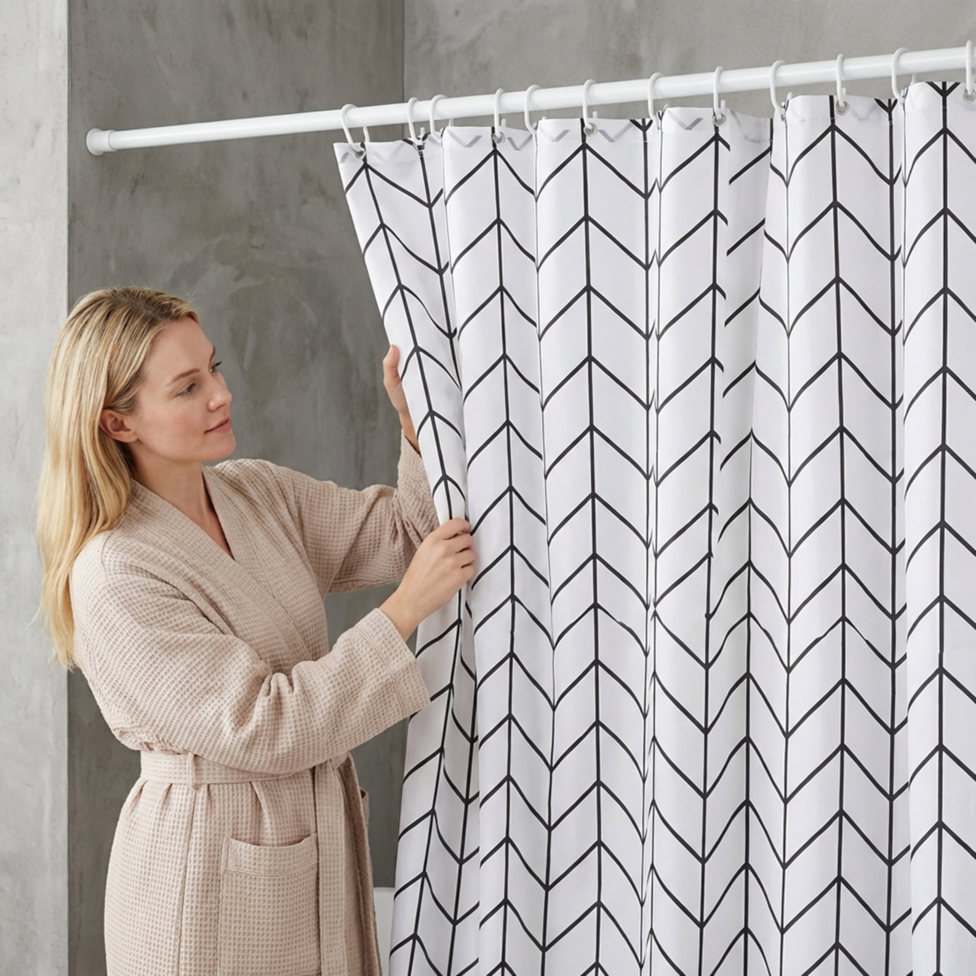 Unique Bargains Waterproof V-Stripe Shower Curtain Sets with 12 Hooks White 71"W x 71"L