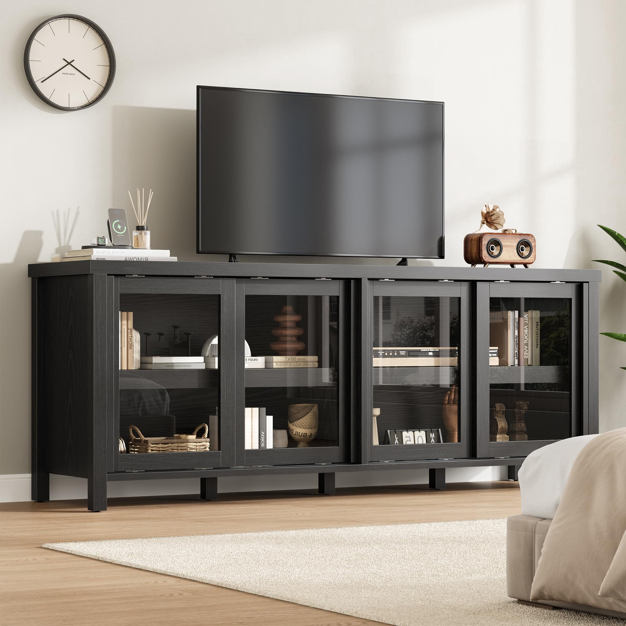62" Farmhouse TV Stand for TVs up to 75 Inch - Entertainment Center with Glass Sliding Doors & Adjustable Shelves - Large Storage Media Console for Living Room & Bedroom - Black / Gray / Retro