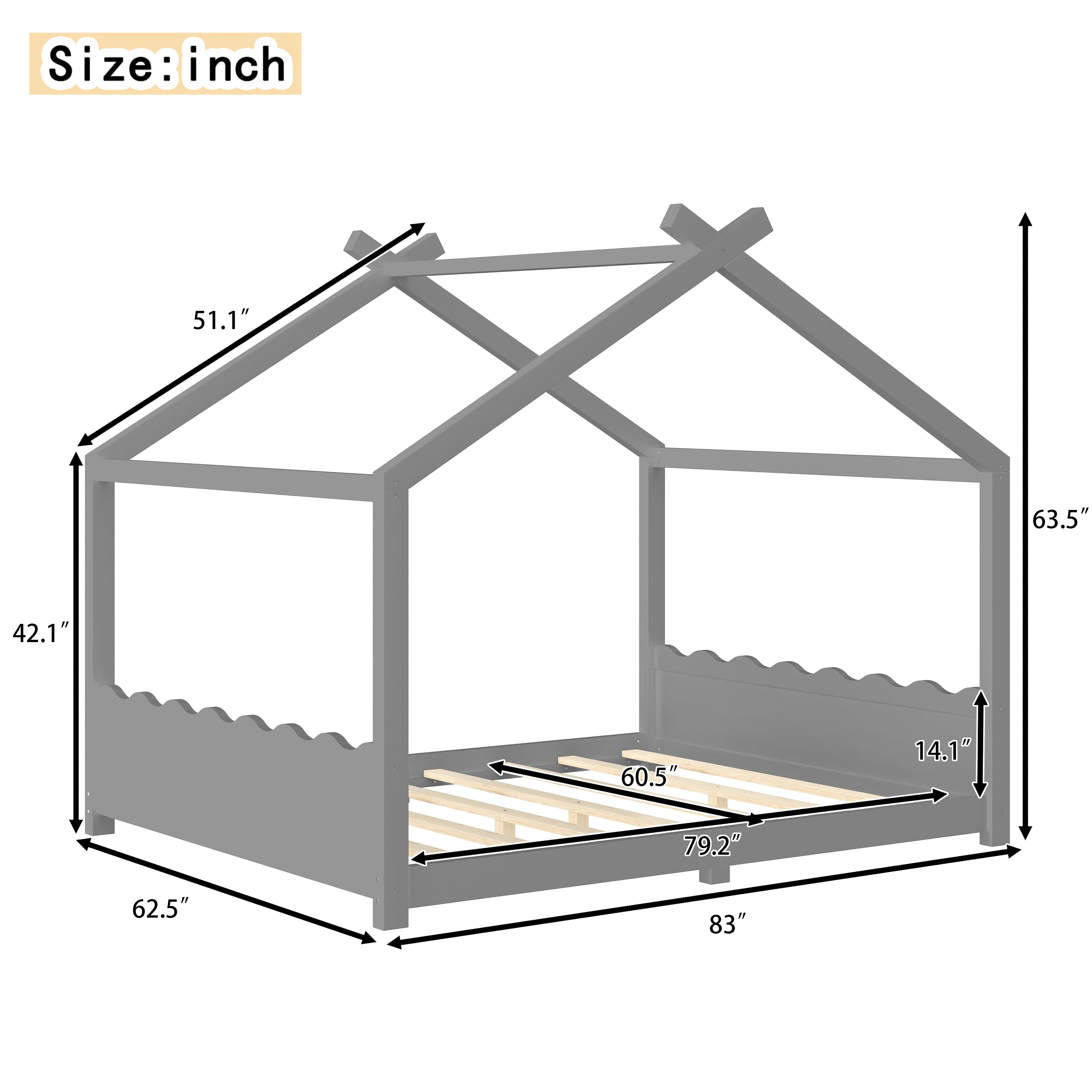 Yoneston Queen House Floor Bed with Roof, Solid Wood Platform Bed Frame with Opening Constructure for Kids, No Box Spring Needed, Gray
